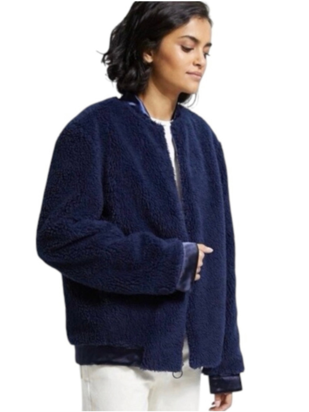 Theory Reversible Bomber Jacket 2.0 Navy Blue Small Satin Sherling